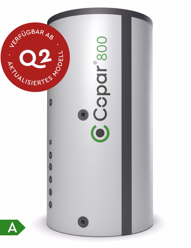 Copar 800 Wärmepumpenspeicher Schnittansicht – aktualisiertes Modell ab Q2 mit zweizonigem Innenaufbau und Effizienzklasse A